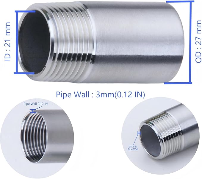 CONSTELLAR 304 Stainless Steel Pipe Fitting - 3/4" NPT Male x 3/4" NPT Female Threaded Thickened Pipe Wall, 300mm (12 inch) Length Heavy Nipple Seamless Pipe (1 Pcs)