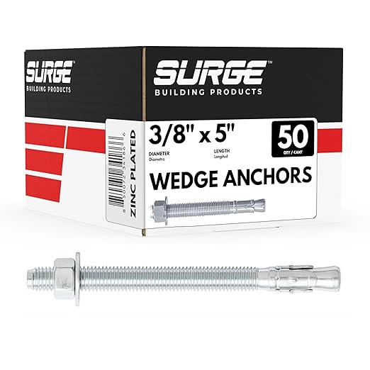 3/8" x 5" Zinc-Plated Wedge Anchors for Concrete and Cement | Heavy-Duty 3/8 Concrete Anchors (Box of 50)
