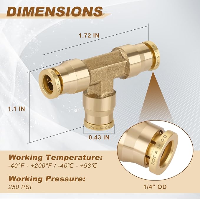 1/4" Quick Push to Connect Fittings Brass Union Tee Shaped Joint DOT Approved 1/4 Inch OD 3 Way Tube Air Line Adapter Air Spring Suspension Kit for Car Truck Trailers and Air Brake System 5pcs