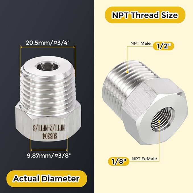 METALLIXITY 2PCS 1/2" Male NPT x 1/8" FeMale NPT Thread 304 Stainless Steel Hex Bushing Extension Tube Adapters Convert for Water Tub Spout/Shower
