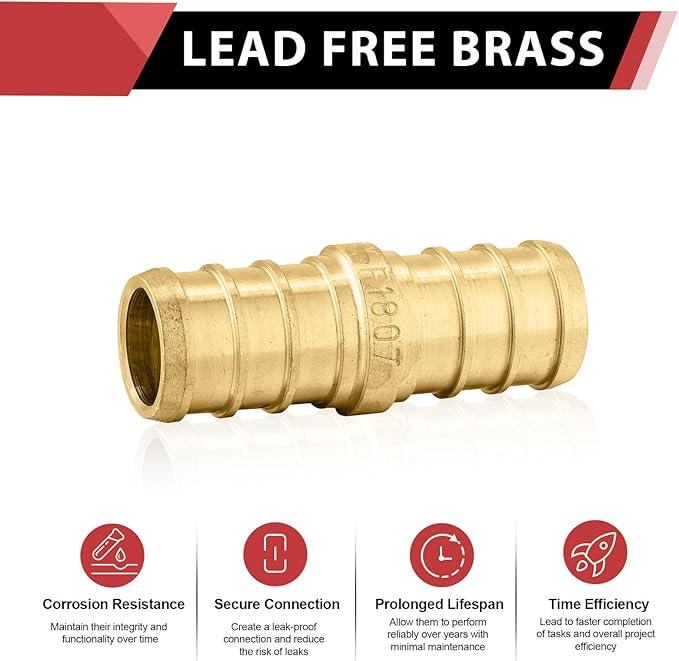 30 PCS EFIELD Pex Crimp 1/2 Inch x 1/2 Inch Straight Coupling Brass Fittings, ASTM F1807,(PEX1807002-30PCS)