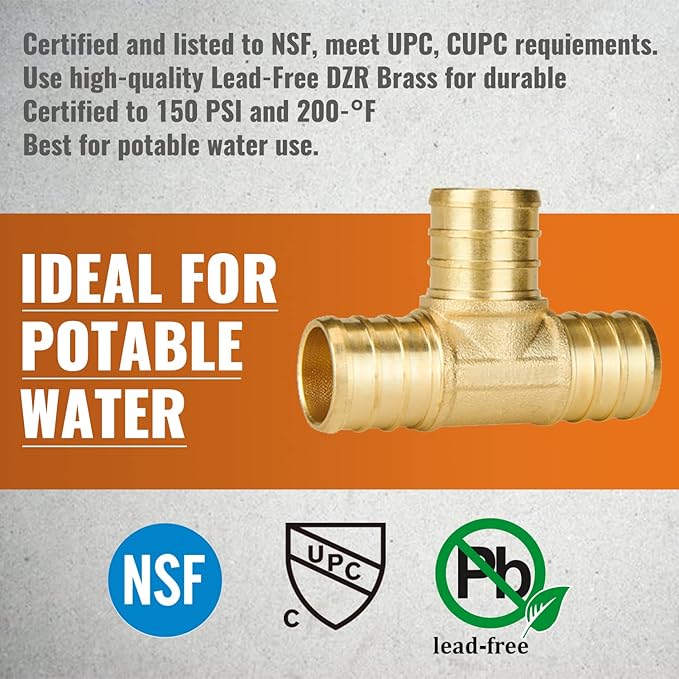 SUNGATOR 12-Pack 3/4" Pex Tee, No Lead Brass, 3/4 Inch Pex T Fittings