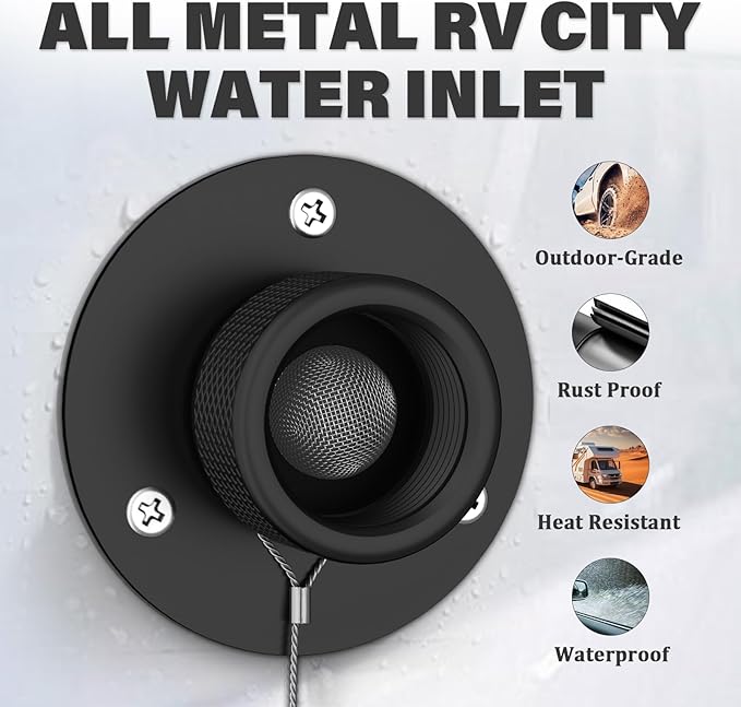 2 Pack All Metal RV City Water Inlet with Check Valve RV Water Inlet -rv Water Fill Inlet Leak Proof & Universal Fit for RV Camper Motorhome Trailer Marine -Black