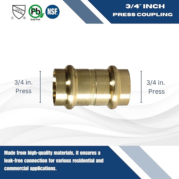 XFITTING 3/4 inch x 3/4 inch Press Coupling, Brass, 5 Pieces