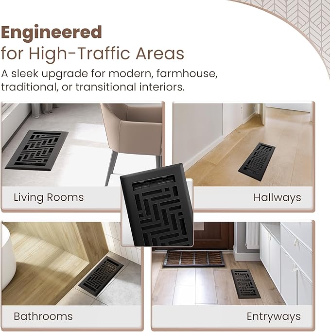 Floor Register 4x10 Vent Cover – Heavy-Duty Steel, Rustproof & Walkable Grates, Easy Drop-in Install, Adjustable Air Supply Switch - Decorative Herringbone Design, Textured Black