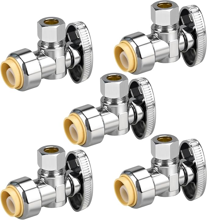5pcs Stop Valves, 1/2" × 3/8" Angle Stop Valve, 1/2" PTC Input, 3/8" OD Compression Output, Push to Connect, 1/4 Turn, Chrome Plated Brass for Faucet, Toilet Valves, No Lead