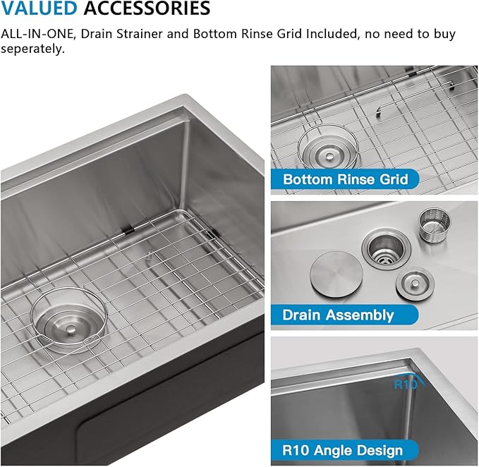 30"x19" Undermount Kitchen Sink – 16 Gauge 304 Stainless Steel Ledge Workstation Under Counter Round Corners Single Bowl Sink Basin