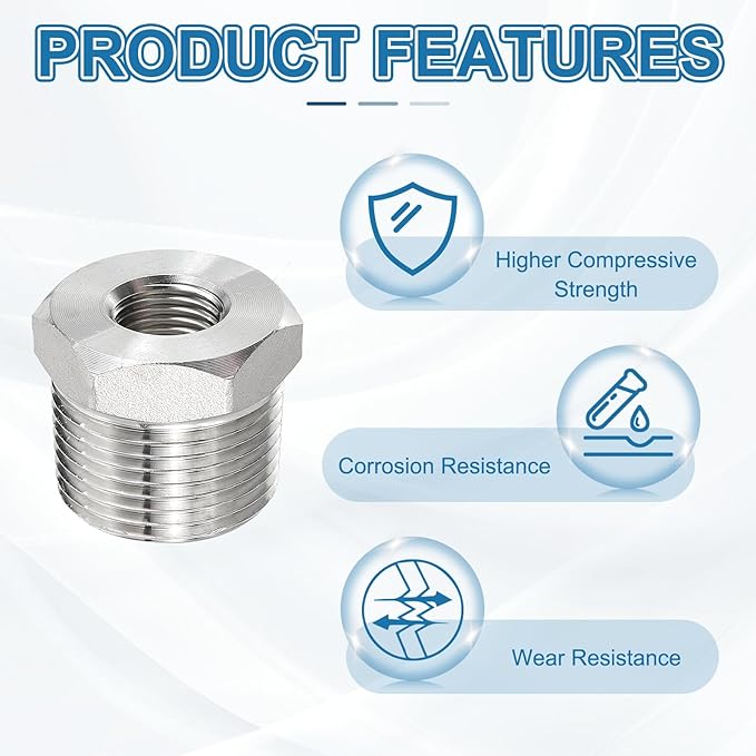 PATIKIL 304 Stainless Steel Reducer Hex Bushing 2 Pcs, 3/4" BSPT Male to 1/4" BSPT Female Pipe Reducing Adapter Fitting Connector for Water Gas Hydraulic Pipes Shower Hose, Silver