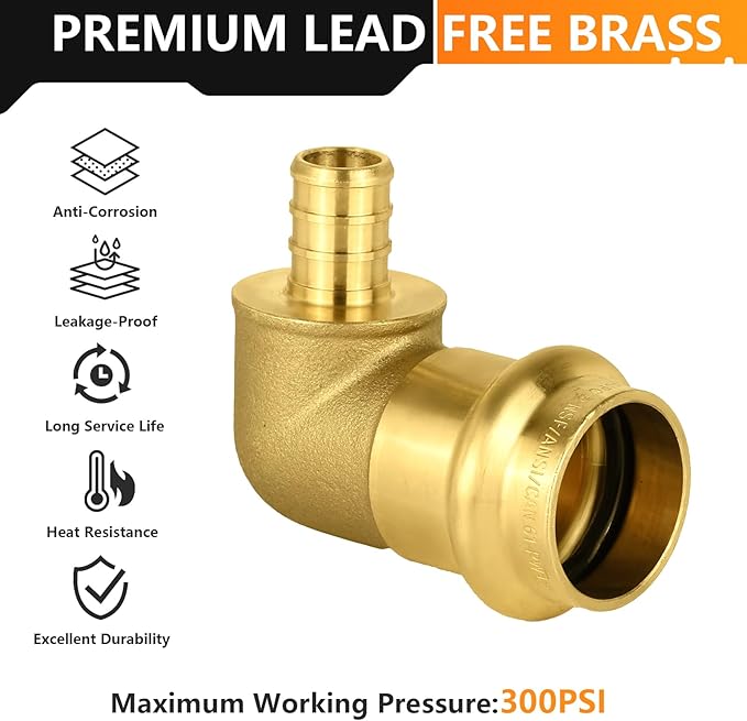 30-Pack HeSun Copper Press Fitting Elbow, 3/4" PRESS X 1/2" PEX F1807 Crimp Elbow, LF Brass
