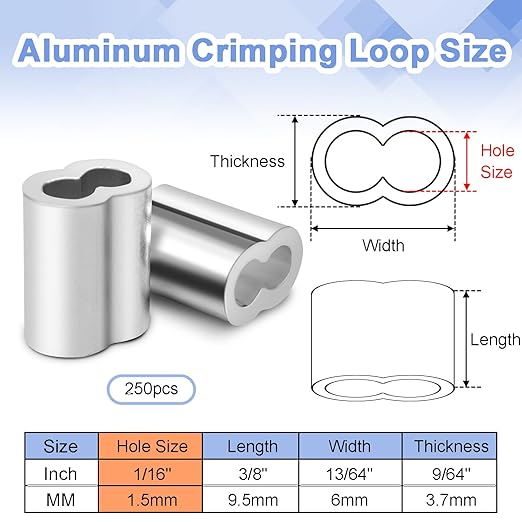 250Pcs 3/64"Cable Crimp Sleeves, Aluminum Wire Rope Crimping Loop Sleeve. Cable Ferrules for Cable and Wire Rope Crimp Double Barrel Crimp Sleeves (M1.2-3/64")