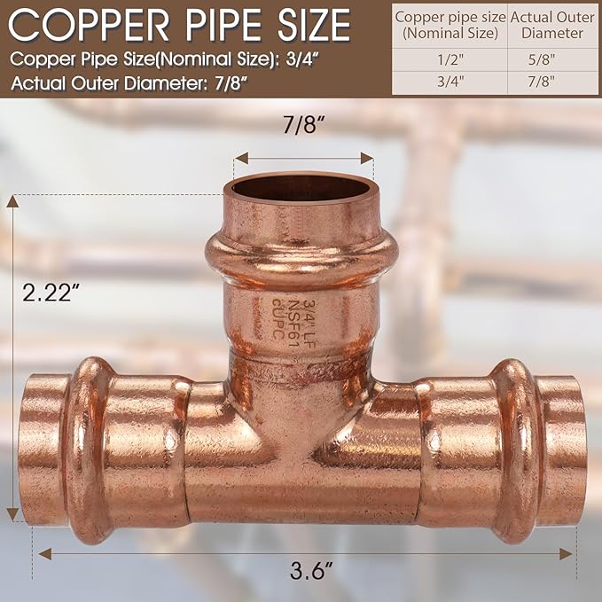 Copper Press Fittings Tee 3/4" Copper Press Tee Fitting, Zero Lead 3/4" x 3/4" x 3/4" Coppers Press Fit Equal Tees for Coppers Tube Connection,OD 7/8”,Use with Hydraulic Press Fitting Tool,6PCS