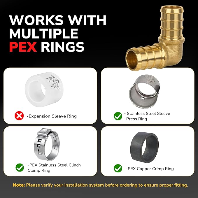 Pex Fittings, 1/2" Pex 90 Degree Elbow, Heavy-Duty Brass Crimp Fittings for PEX Pipes with Leak-Resistant Construction, NSF & UPC Certified, 5-Pack