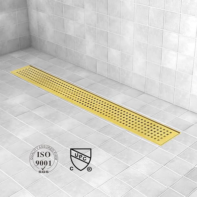 Linear Shower Drain, 48 inch Gold Drain with Removable Grate Cover, Brushed 304 Stainless Steel Shower Floor Drain, Linear Drain with Hair Strainer and Adjustable Feet