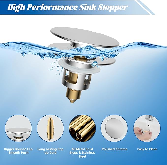 Hibbent All Metal 2 in 1 Bathroom Sink Stopper, Universal Pop Up Drain Strainer, Brass Bullet Core Push Type Sink Stopper for 1.1''~2.3'' Basin, Big Push Button, Anti Clogging Drain Filter, Chrome