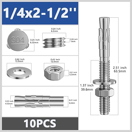 10Pcs 1/4x2-1/2 Inch Standard Fasteners for Heavy-Duty 304 Stainless Steel Wedge Anchors for Cement and Concrete