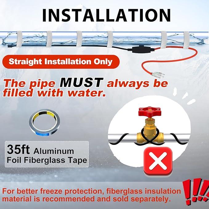 HEATIT Heating Cable for Water Pipes Automatic Heat Tape Pipe Freeze Protected Heated Cable 24 Feet