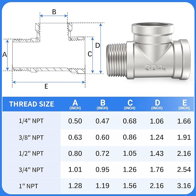 ChillWaves 304 Stainless Steel Pipe Fitting, Male Run Tee 3/8" NPT Female x 3/8" NPT Female x 3/8" NPT Male Thread Adapter(2-PACK)