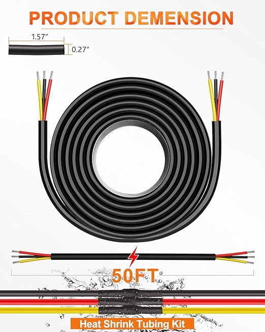 NAOEVO 12 Gauge Wire 3 Conductor Electrical Wire, 12 AWG Stranded PVC Cord, 12V Low Voltage/Tinned Copper/Flexible Cable for Automotive Wiring, Lamp Cord, Marine Cable (50FT)
