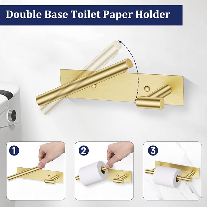 Brushed Gold Toilet Paper Holder, Adhesive or Screw Toilet Roll Holder Wall Mount, SUS304 Stainless Steel Double Post Pivoting Toilet Roll Holder for Bathroom, Kitchen, Washroom