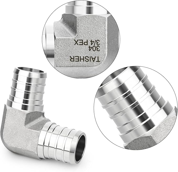 TAISHER 1PCS 304 Stainless Steel 90 Degree Elbow Pex Fittings, 3/4" Pex Fitting With 2PCS Hose Clamp For Pex Tubing Pipe