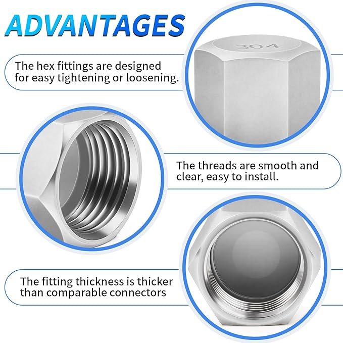 ChillWaves 304 Stainless Steel Pipe Fitting, Hex End Cap Pipe Fitting，3/4" NPT Female，Thread Adapter(3-PACK)