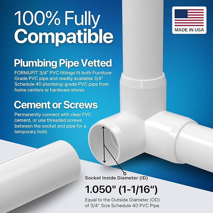 FORMUFIT 3/4” 3-Way Elbow Furniture Grade PVC Fitting in White, Made in USA, UV-Resistant, Impact-Proof, 1.050” Actual Socket Diameter (Pack of 8)