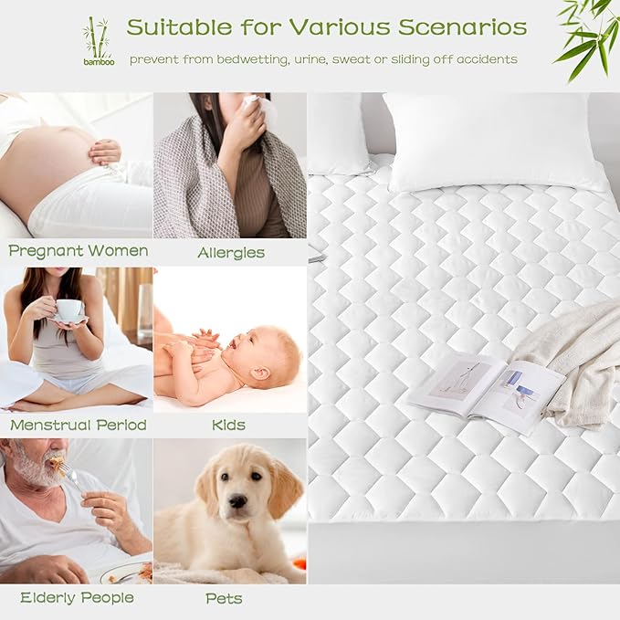 GRT California King Mattress Protector Waterproof, Rayon from Bamboo, Cooling Quilted Fitted Mattress Pad, Noiseless Waterproof Mattress Cover, fits up to 21" Deep, Dust Proof White