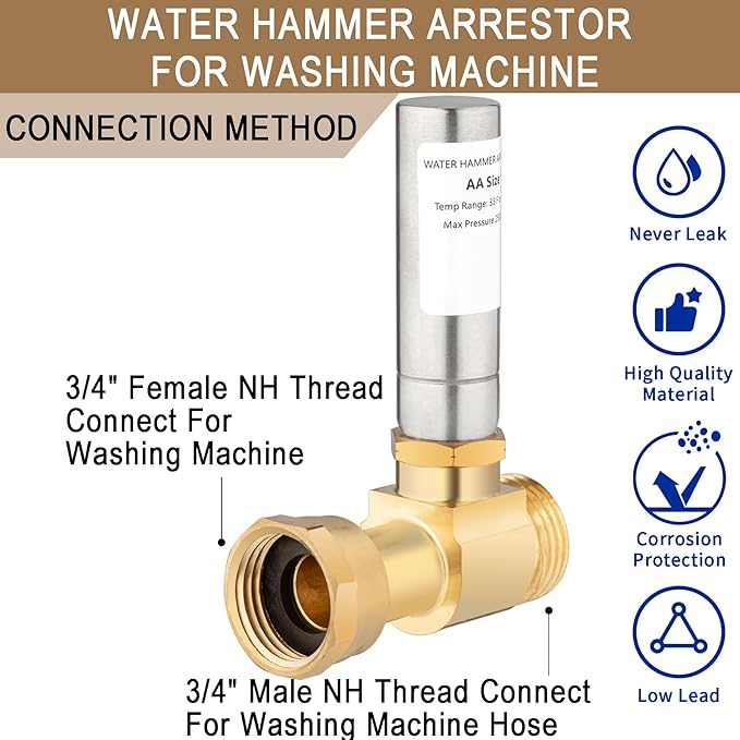 [2 Pieces] Lingmfg Water Hammer Arrestor For Washing Machine, 3/4 Inch Thread Brass LING-WMWHA-SS-S-2