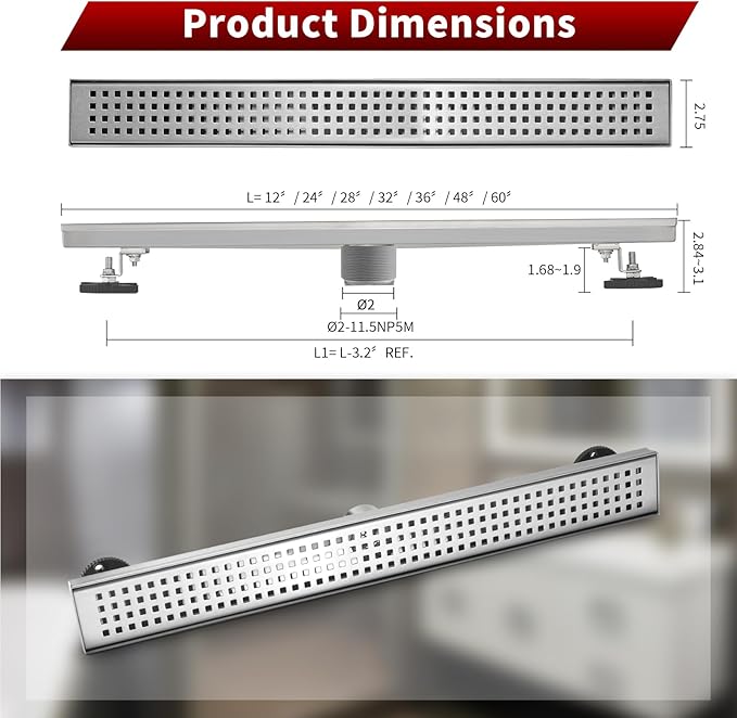 Sharp-tec 32 inch Linear Shower Drain, Brushed Rectangular Floor Drain, V-Shape Design Drain Channel, 304 Stainless Steel, cUPC Certificated for Bathroom Shower Room (Drain Base is Not Included)