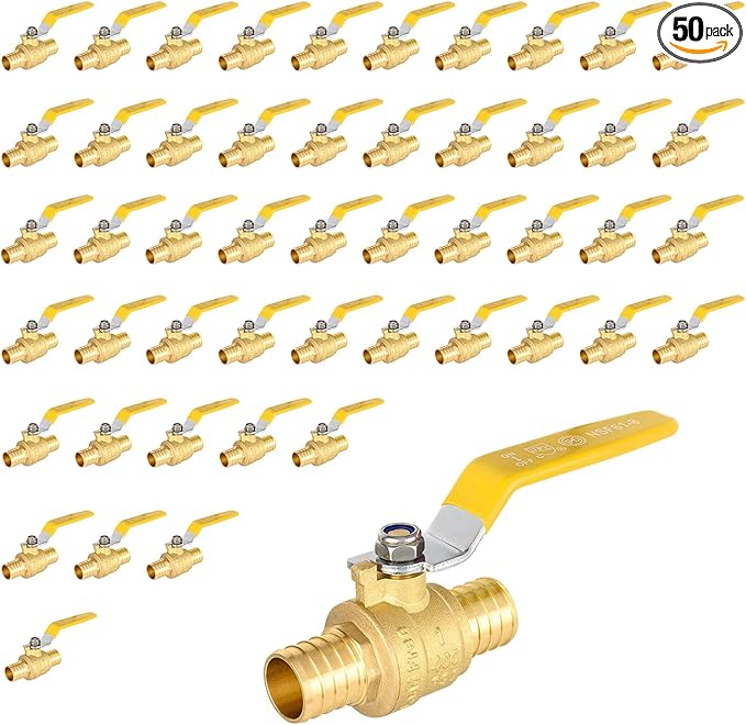 50 Pack Ball Valves, 1" Pex Crimp Shut Off Valve Yellow, Brass Full Port Pex B Shut Off Ball Valve for Hot and Cold Water, NSF/ANSI 61 Certified