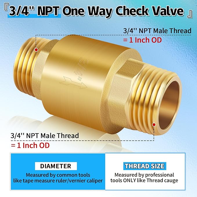 Boltigen 2Pcs 3/4in NPT Spring Check Valve, Brass Non Return One Way Check Valve, Vertical Inline Water Backflow Preventer for Well, Pump, Tank (3/4" Male x 3/4" Male(DN20))