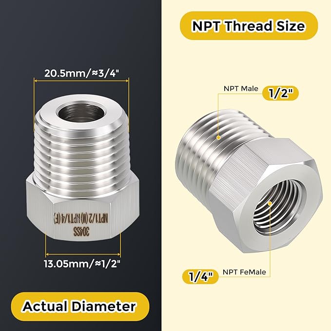 METALLIXITY 5PCS 1/2" Male NPT x 1/4" FeMale NPT Thread 304 Stainless Steel Hex Bushing Extension Tube Adapters Convert for Water Tub Spout/Shower