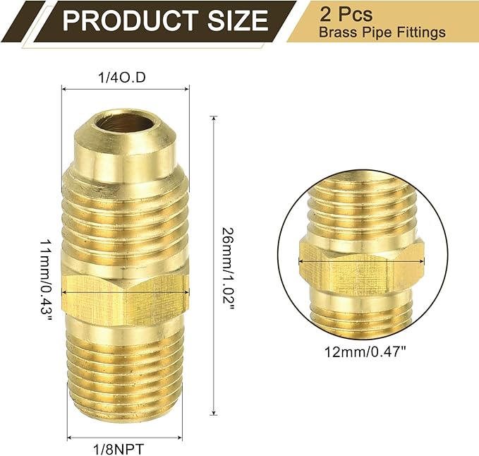 uxcell Brass Tube Fitting, 1/4O.D x 1/8NPT Brass Flared Pipe Adapter Fittings Reducing Nipples Connector, Half Union Gas Adapter for Pipe Connections, Hydraulics, Refrigeration