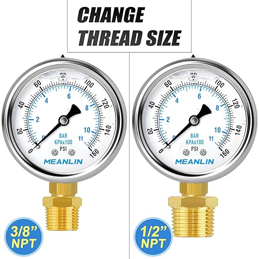 MEANLIN MEASURE 0~160Psi Stainless Steel 1/4" NPT 2.5" FACE DIAL Liquid Filled Pressure Gauge WOG Water Oil Air Lower Mount (Pack of 2), with 1/2" NPT and 3/8" NPT Hex Bushing