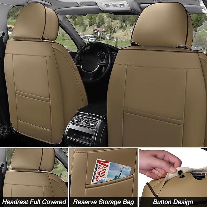 Car Seat Covers for Jaguar E-PACE 2018-2024,Breathable Nappa Leather Car Seat Protector,Front Seat Cover with Pillow Automotive Seat Cushion with Airbag Compatible(Front Seats,Beige-Brown)