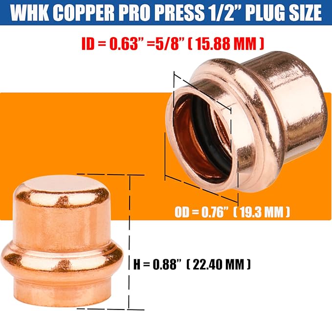 WHK 12 Pack 1/2 Inch Press Propress Copper End Cap Press Pro Press 1/2" Cooper End Plug Press Fittings Copper Pipe End Cap(Lead-Free)