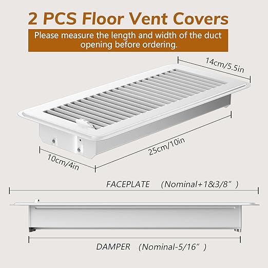 2Pcs Floor Vents Floor Registers 4x10 Inch, Heavy Duty Metal Hot Air Vent Covers 4x10 Inch with Rust-Proof Finish for Home Heater Floor Vent Grilles and Vents (2, White, 4x10 Inches)