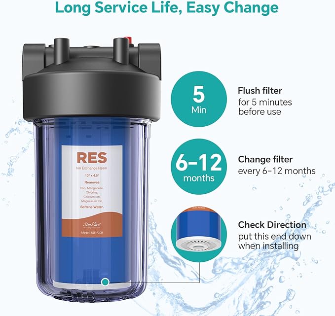 SimPure Whole House Water Filter Cartridges 10" x 4.5" Cation Exchange Resin Water Softening Filter, for DB10P, DB10C, 6 Pack