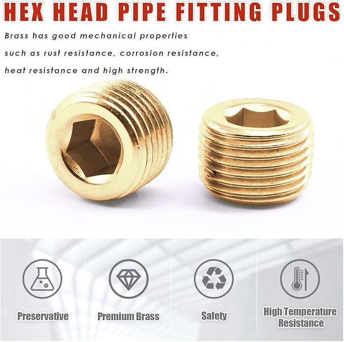 Hilitchi Brass Pipe Fitting Pipe Plug Fitting NPT Male Plug Internal Hex Head Style (1/2-6Pcs)