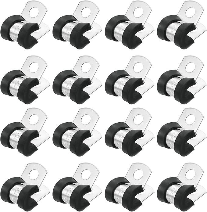 uxcell 1/4"(6mm) Cable Clamp, 304 Stainless Steel Rubber Cushioned Insulated Clamp R Shape Metal Clamp Tube Holder for Pipe Hose Wire Cord Installation 24Pcs