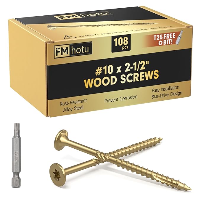#10 x 2-1/2” Deck Screws, 108Pcs Star Drive Wood Screws, Rust Resistant Timber Screws for Timber/Log/Landscaping Wood, T25 Star Bit Included, Gold