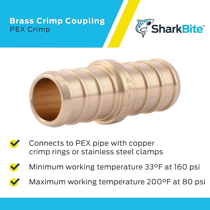 SharkBite 1/2 Inch Crimp Coupling, Pack of 25, Brass Plumbing Fitting, PEX Pipe, PE-RT, UC008LF