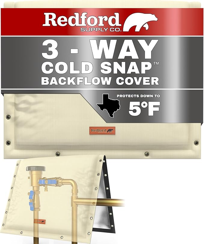 Redford Supply Co. Cold Snap (5°F) Backflow Preventer Insulation Cover, 3-Way Custom, 36"W x 24"H, Pipe Insulation, Water Sprinkler Covers for Outside, Sprinkler Backflow Cover for Winter (Beige)