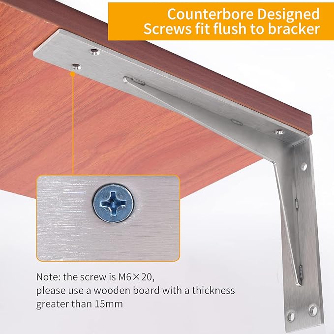 YUMORE Shelf Bracket Heavy Duty 12x8x2 in, 1/5IN Extra Thick Solid L Brackets Stainless Steel Countertop Bar Top Support Brackets Wall Mounted, Includes Hardware, 2 Pack