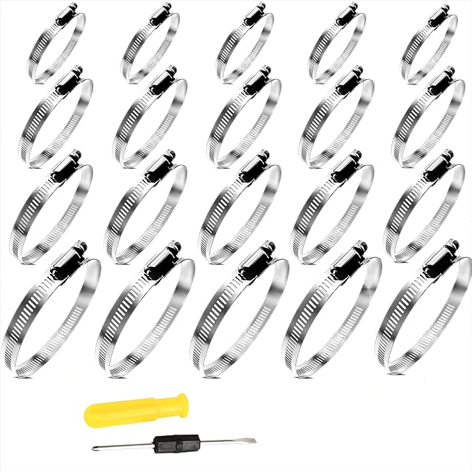 20pcs 304 Stainless Steel Adjustable 44-108mm Range Worm Gear Hose Clamps Assortment Kit from 2 Inch, 3 Inch, 4 Inch Fuel Line Hose Pipe Clamp for Dryer Vent Hose clamps (Silver)