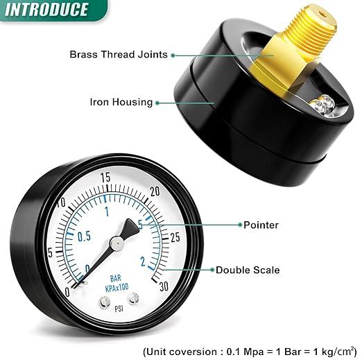 0-30PSI Well Pump Pressure Gauge 2" Dial Size, 1/4" NPT Back Mount, 3-2-3% Accuracy, for Tube, Water Pump, Gas, Liquid, Pressure Test