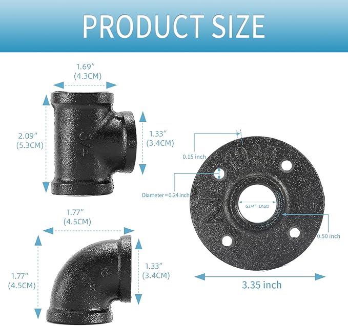 3/4" Black Pipe Fitting, Home TZH 20 Pack Floor Flange/Elbow/Tee Combo for Industrial vintage style, Flanges/Elbow/Tee with Threaded Hole for DIY Project/Furniture/Shelving(20, Black 3/4")