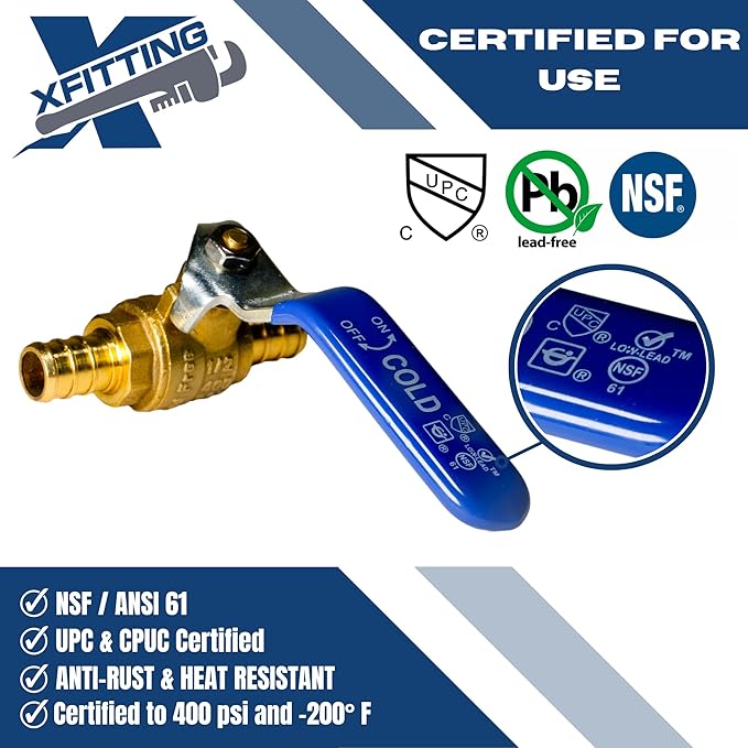 XFITTING 10 Pieces 1/2" Pex Ball Valve with Handle Blue, 24-2-2=10X
