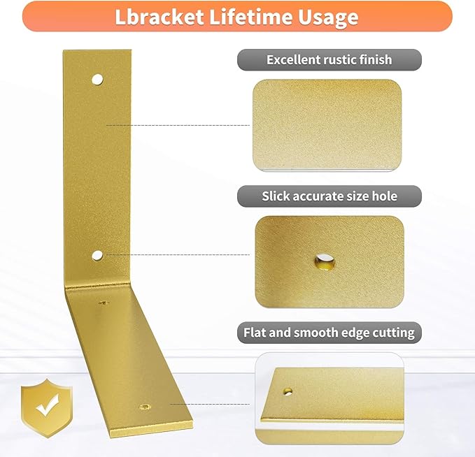 Gold Heavy Duty Shelf Brackets 12 Inch, Extra Thick L Shelving Brackets, Rustic Gold Iron Floating Shelves Wall Mounted with Hardware for DIY Open Shelving, 4 Pack