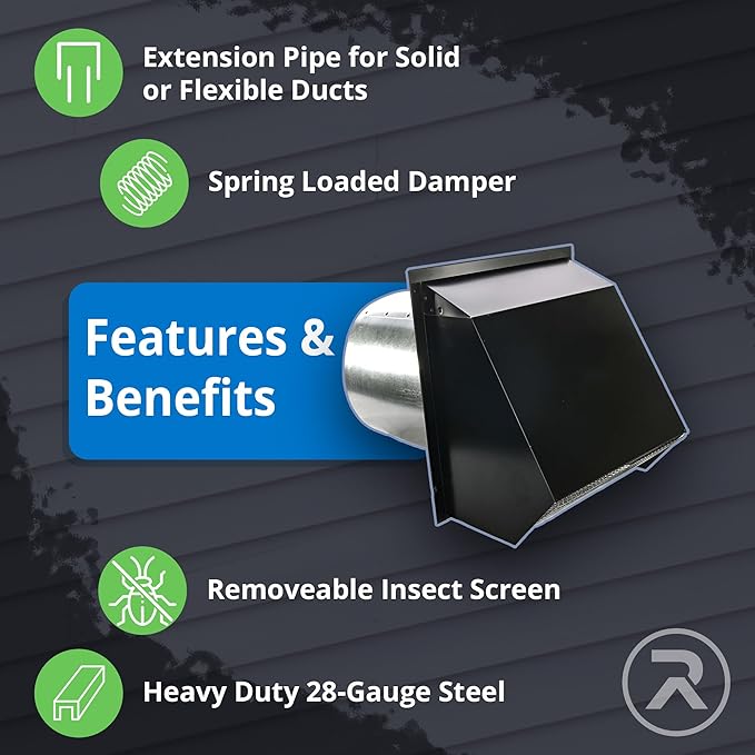 RDP Hooded Wall Vent with Screen and Damper (8 Inch, Black)
